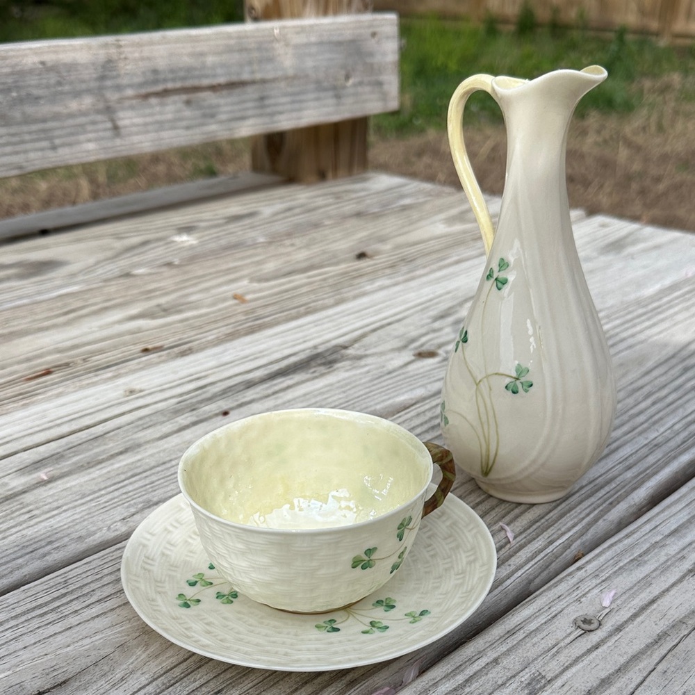 Cream Clover Ceramic Pitcher and Cup with Saucer